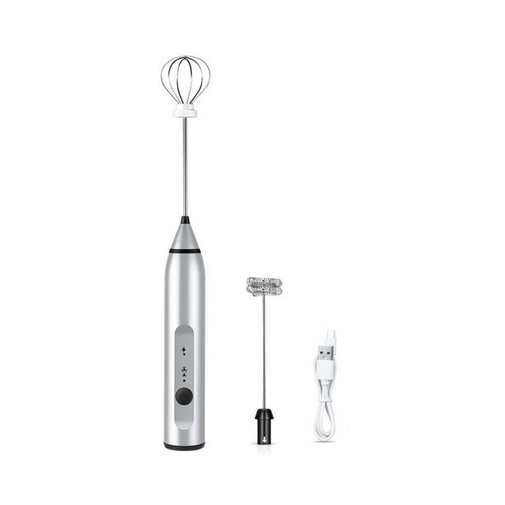 (Silver) 3 Speeds Hand Mixer Egg Beater Coffee Milk Drink Whisk Frother Stirrer USB Rechargeable Handheld Food Blender Tool