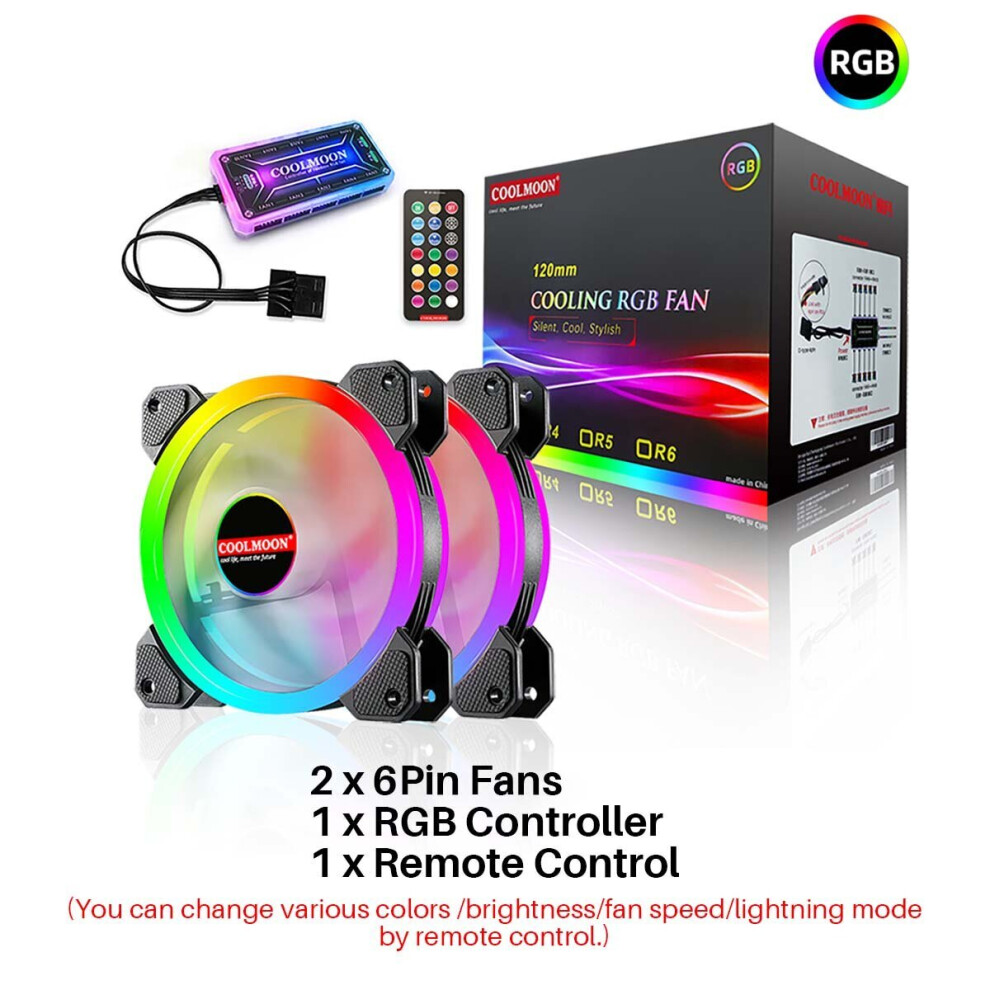 (2x 6PIN Fans +1x RGB Controller + 1x Remote Control) 120mm Computer PC Cooler Cooling Fan RGB LED Multicolor-mode Quiet Chassis Fan With Controller