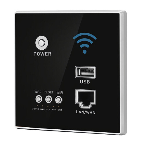 (Black) 300M Wireless WIFI Wall Embedded Router WiFi Repeater Extender USB Charging Socket for Home Use