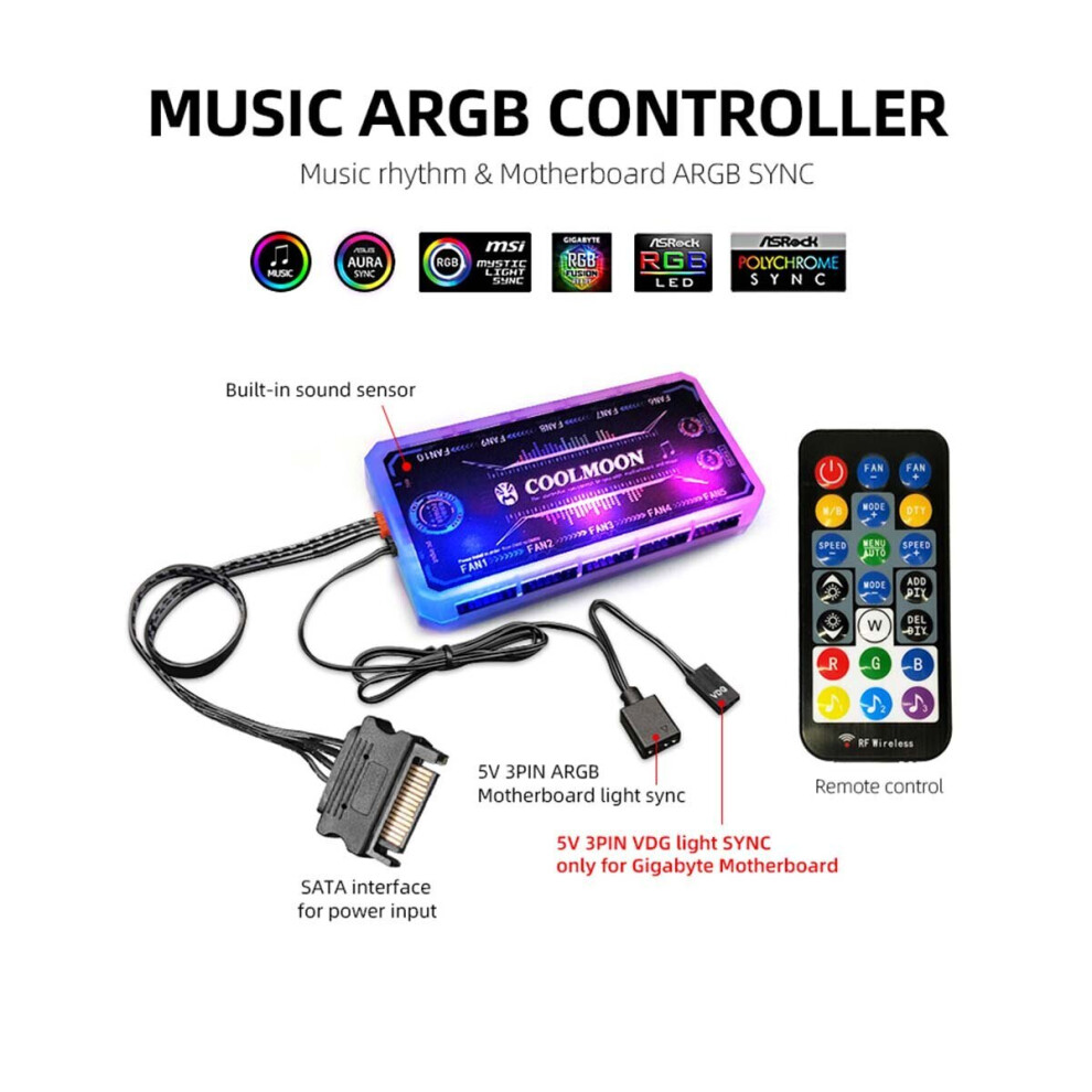 (1x Music ARGB controller) 120mm Cooling Fan RGB 6PIN Computer Case Colorful Radiator Cooler PC 5V DC