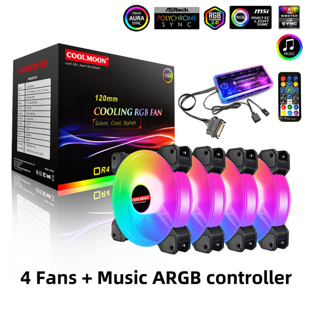 (4x Fans + Music ARGB controller) 120mm Cooling Fan RGB 6PIN Computer Case Colorful Radiator Cooler PC 5V DC