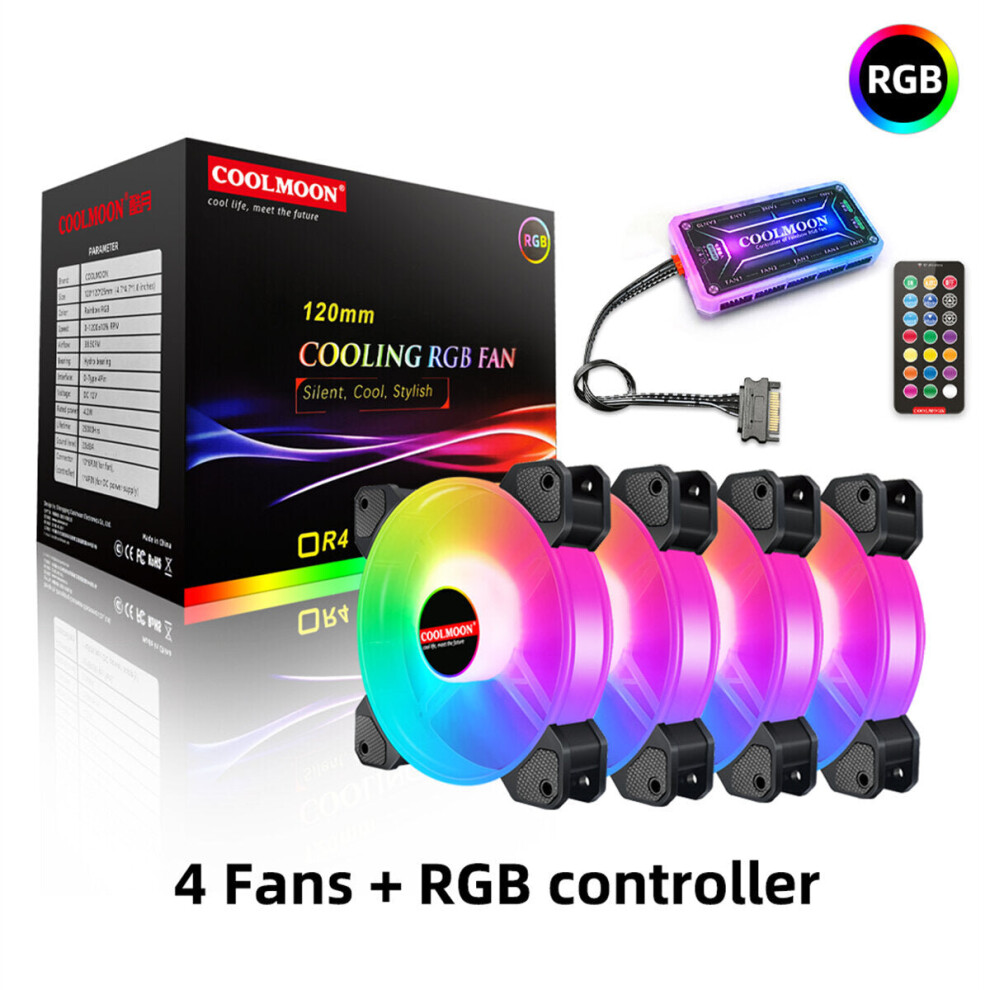 (4x Fans + RGB controller) 120mm Cooling Fan RGB 6PIN Computer Case Colorful Radiator Cooler PC 5V DC