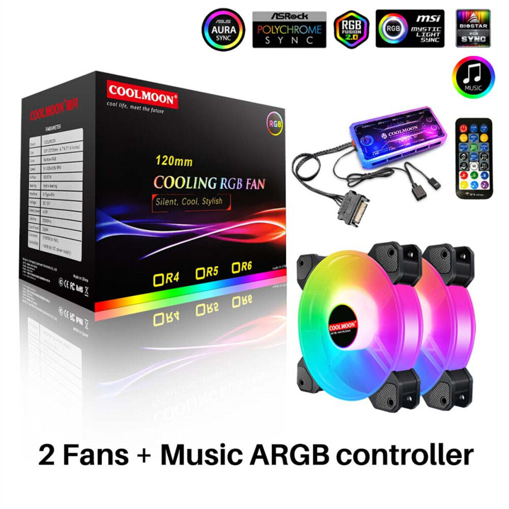 (2x Fans + Music ARGB controller) 120mm Cooling Fan RGB 6PIN Computer Case Colorful Radiator Cooler PC 5V DC