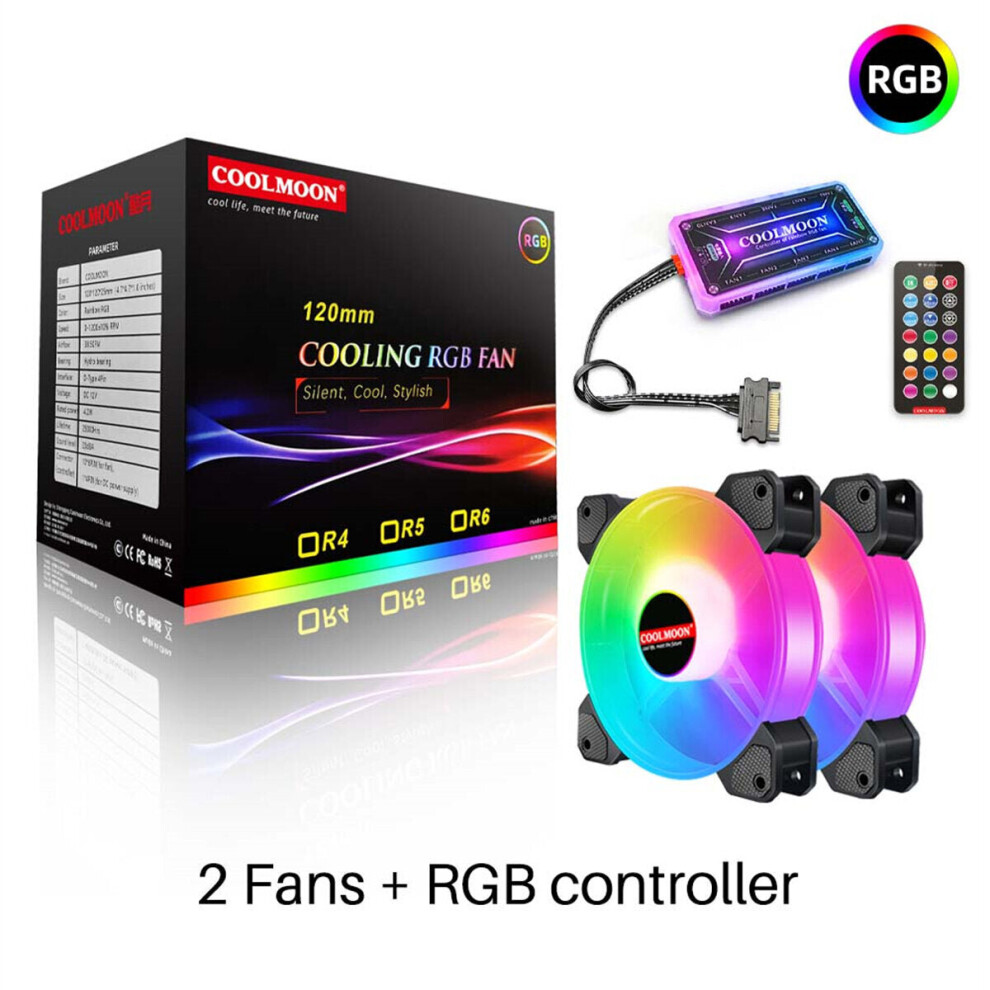 (2x Fans + RGB controller) 120mm Cooling Fan RGB 6PIN Computer Case Colorful Radiator Cooler PC 5V DC