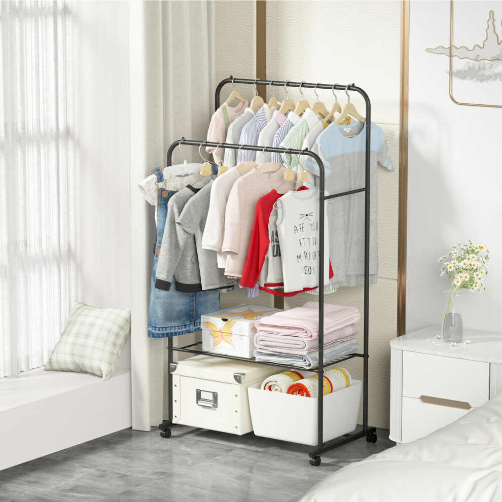 (Black) Clothes Double Rail Rack Garment Hanging Organizer