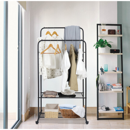 (Black) Clothes Double Rail Rack Garment Hanging Organizer 1