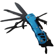 (Blue) 15-in-1 Multifunction Folding Knife EDC Survival Tools Saw Scissors Opener Carabiner Screwdriver Outdoor Camping Climbing Travel