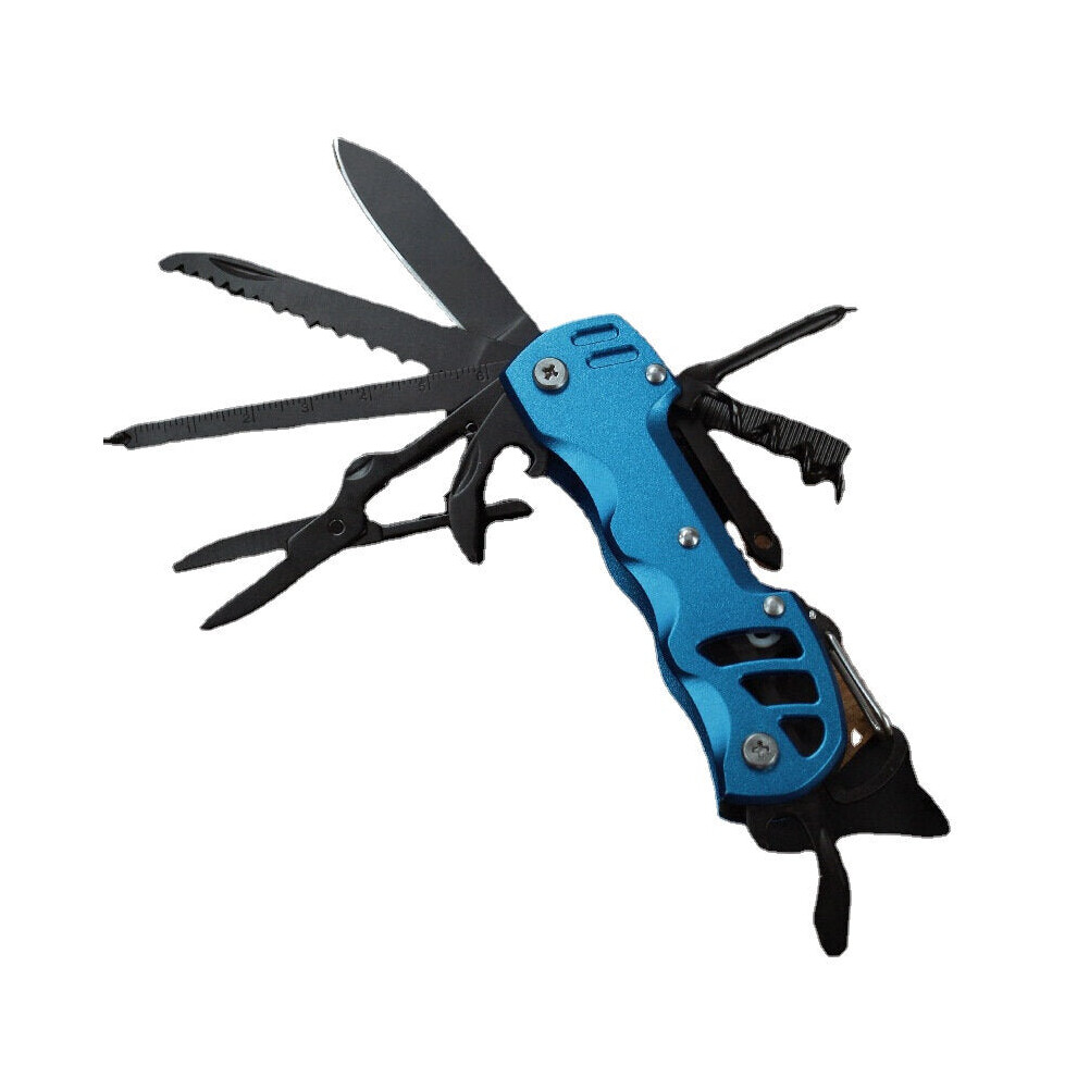 (Blue) 15-in-1 Multifunction Folding Knife EDC Survival Tools Saw Scissors Opener Carabiner Screwdriver Outdoor Camping Climbing Travel