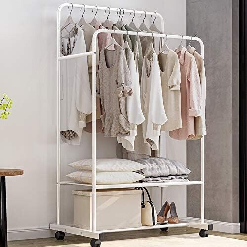 (White) Clothes Double Rail Rack Garment Hanging Organizer