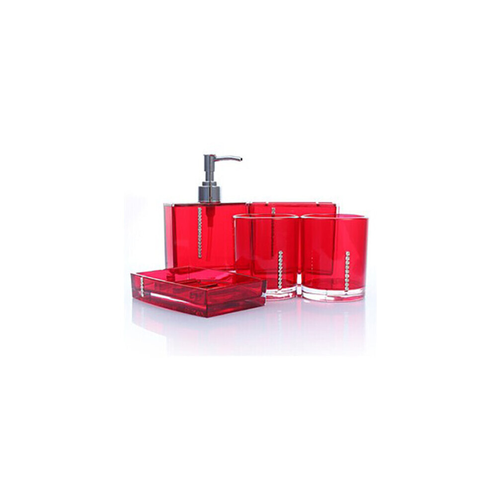 (Red) 5Pcs Bathroom Accessories Set Cup Toothbrush Holder Soap Dish Dispenser Bottle Washroom Accessories