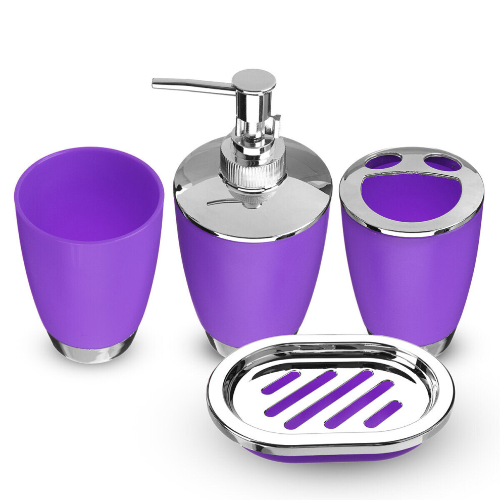 (Purple) 4Pcs Plastic Bathroom Set Cup Toothbrush Holder Soap Dish Dispenser Bottle Washroom Accessories