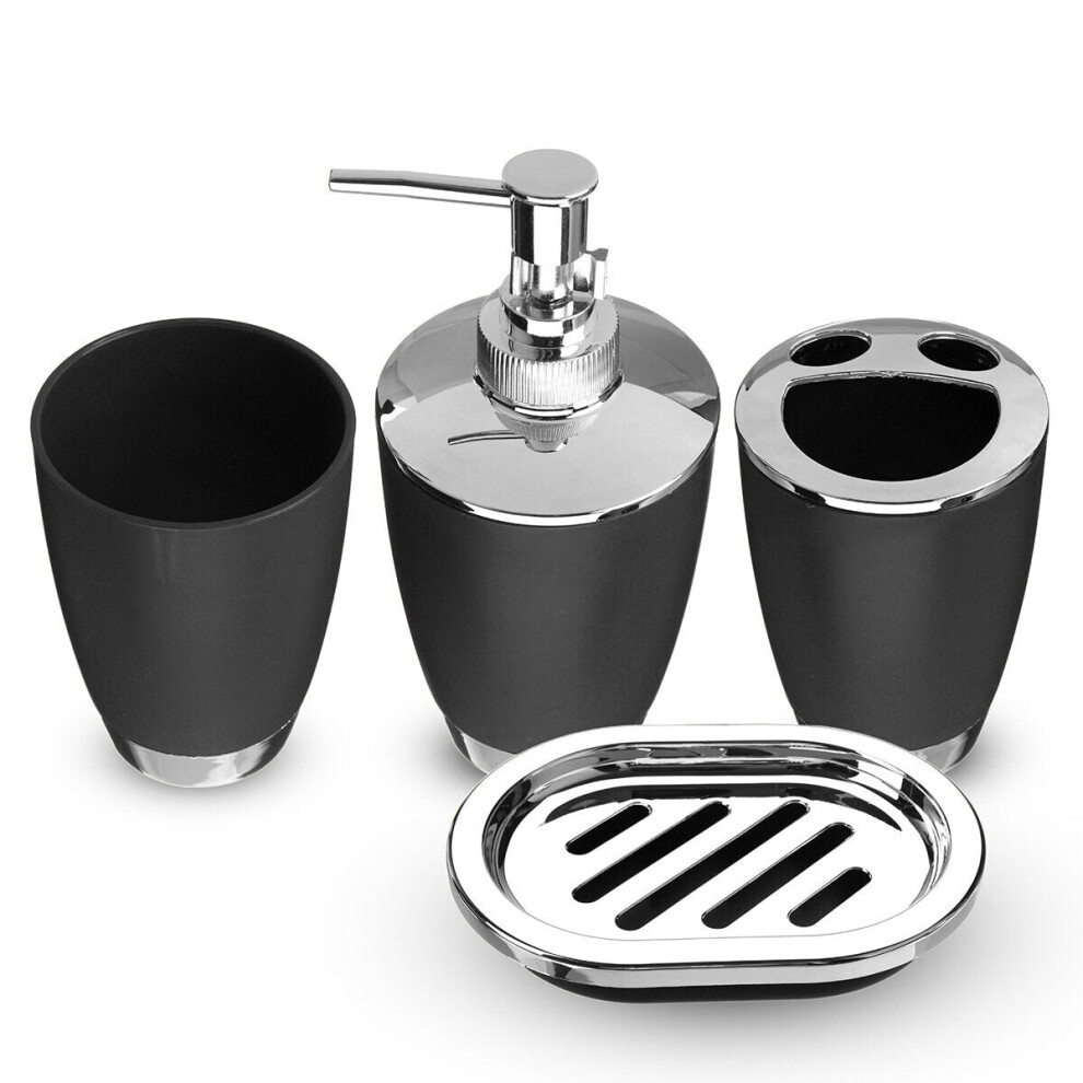 (Black) 4Pcs Plastic Bathroom Set Cup Toothbrush Holder Soap Dish Dispenser Bottle Washroom Accessories