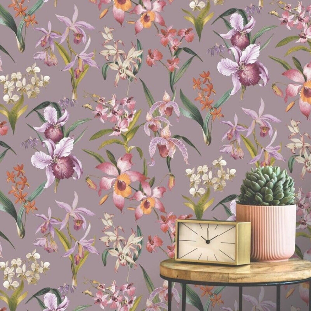 Lilac Floral Orchid Wallpaper Pink Green Exotic Tropical Leaves Rasch 283661