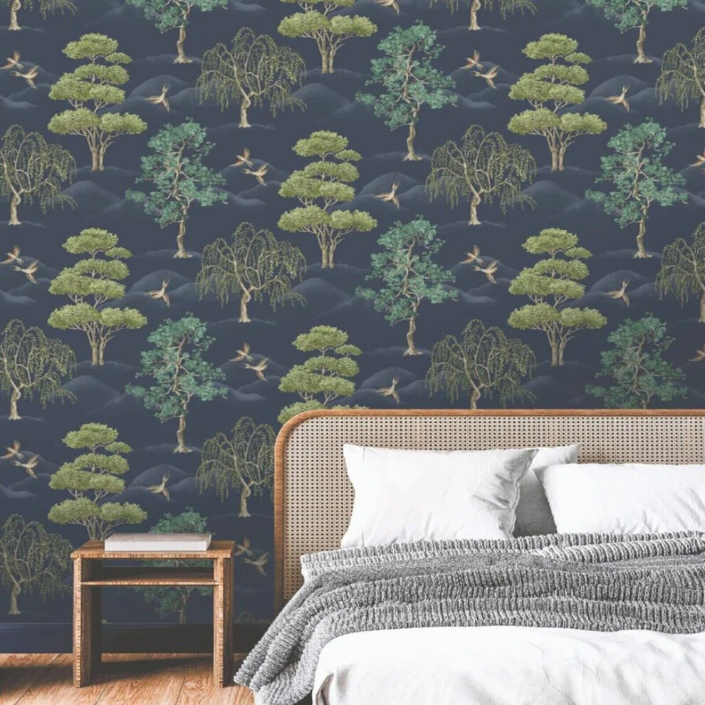 Navy Willow Woodland Wallpaper Birds Trees Forest Vintage Rasch Elegant Homes 5901638010735