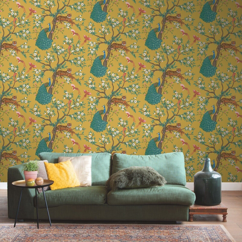 Mustard Tropical Wallpaper Tiger Birds Peacock Trees Floral Exotic Jungle Rasch 5061018350131