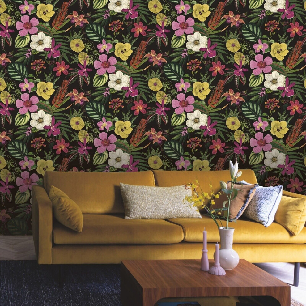 Black Floral Orchid Wallpaper Pink Yellow Exotic Tropical Palm Leaves Smooth 5901638010865