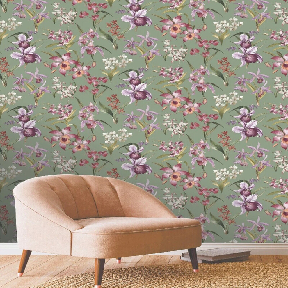 Green Floral Orchid Wallpaper Purple Pink Exotic Tropical Leaves Rasch 283654