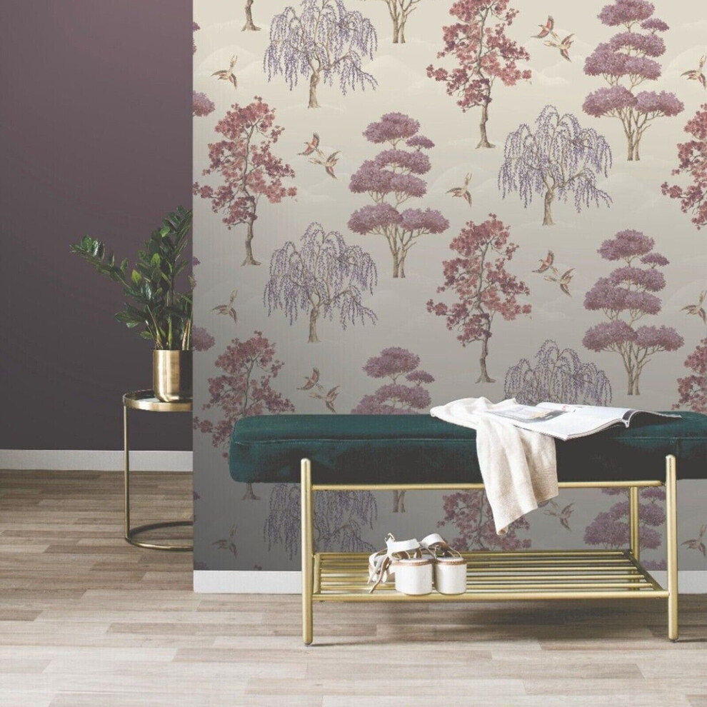 Mauve Willow Woodland Wallpaper Birds Trees Forest Vintage Rasch Elegant Homes 5901638011886
