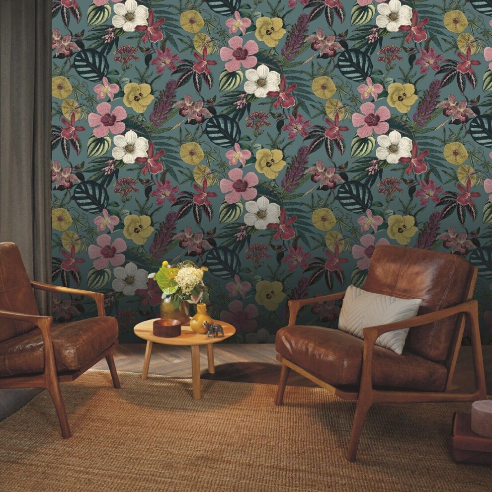 Teal Floral Orchid Wallpaper Pink Yellow Exotic Tropical Palm Leaves Smooth 5901638010872