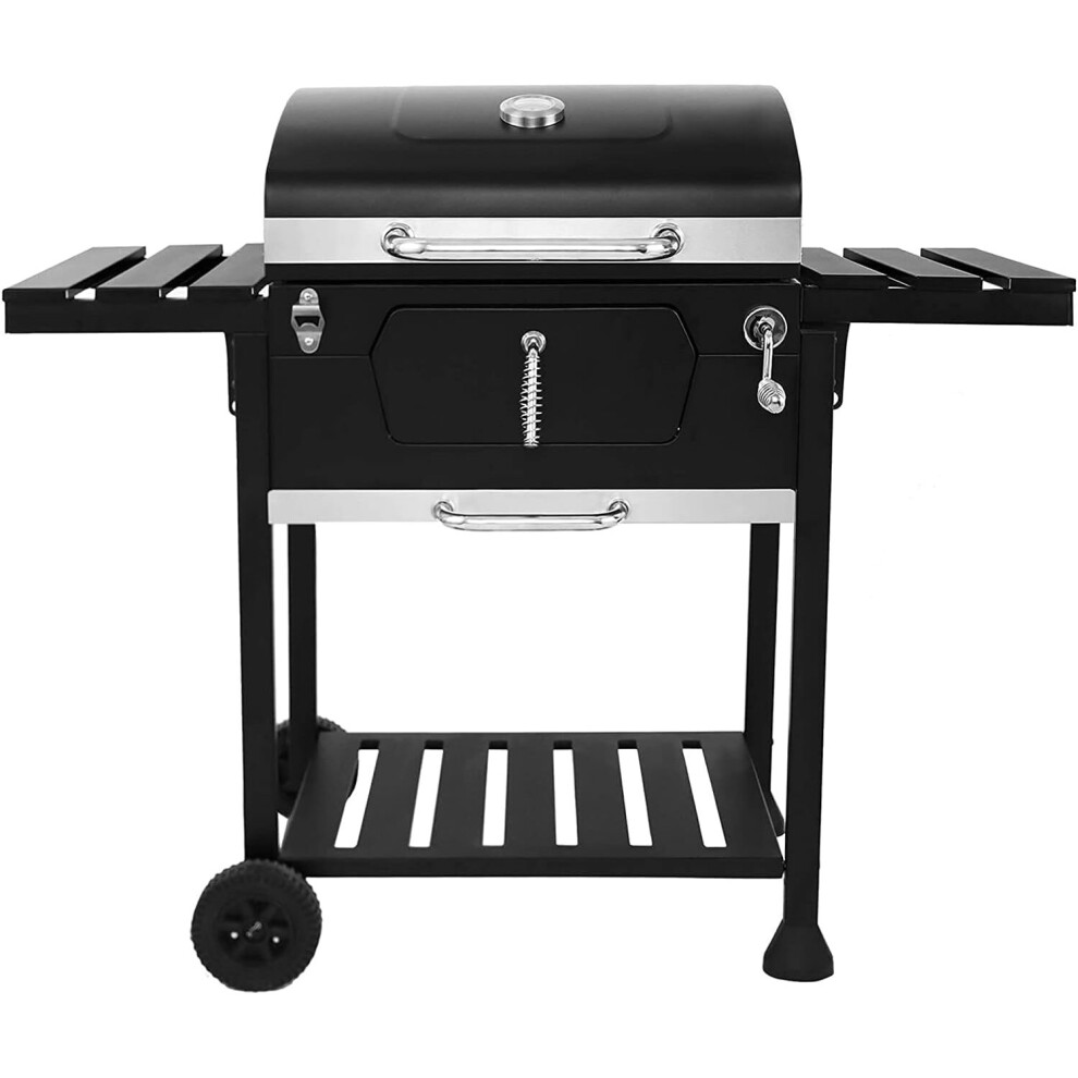 Black Charcoal Grill BBQ Trolley Wheels Arm Garden Smoker Shelf Side