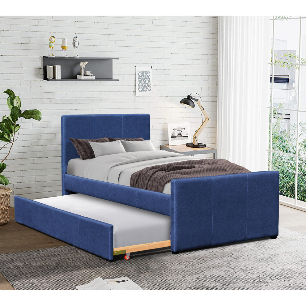 Comfy Living (, No Mattress) 3Ft Fabric Bed Frame With Trundle Bed Blue