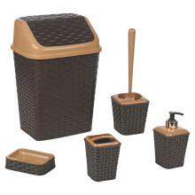 (Brown) 5 Pc Bin Toilet Brush Toothbrush Soap Holder Set