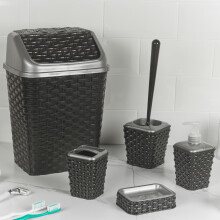 (Black) 5 Pc Bin Toilet Brush Toothbrush Soap Holder Set