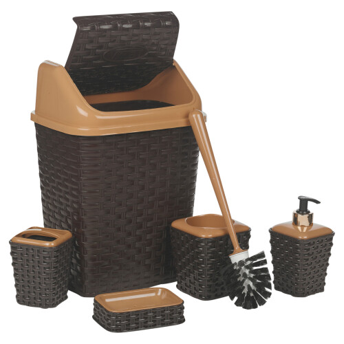 URBN Living (Brown) 5 Pc Bin Toilet Brush Toothbrush Soap Holder Set 1