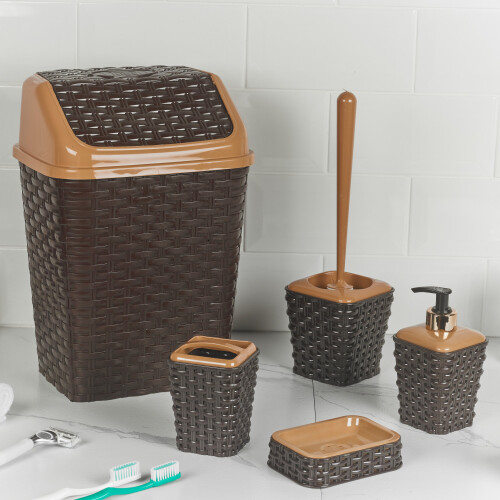 URBN Living (Brown) 5 Pc Bin Toilet Brush Toothbrush Soap Holder Set 2
