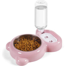 Double dog and cat bowl with automatic water bottle detachable stainless steel bowl (pink)