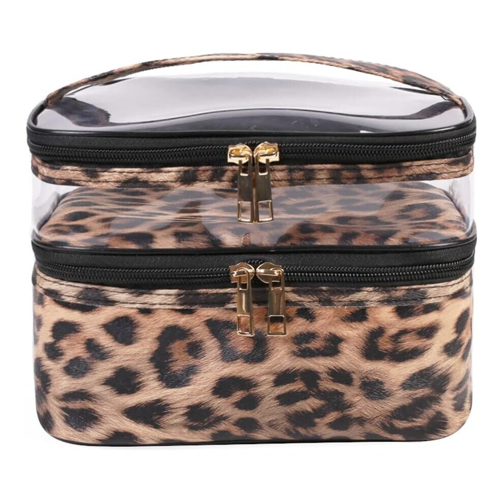 Gopatriot Memory Cosmetic Bag Double Layer Travel Storage Large Organizer Leopard Print