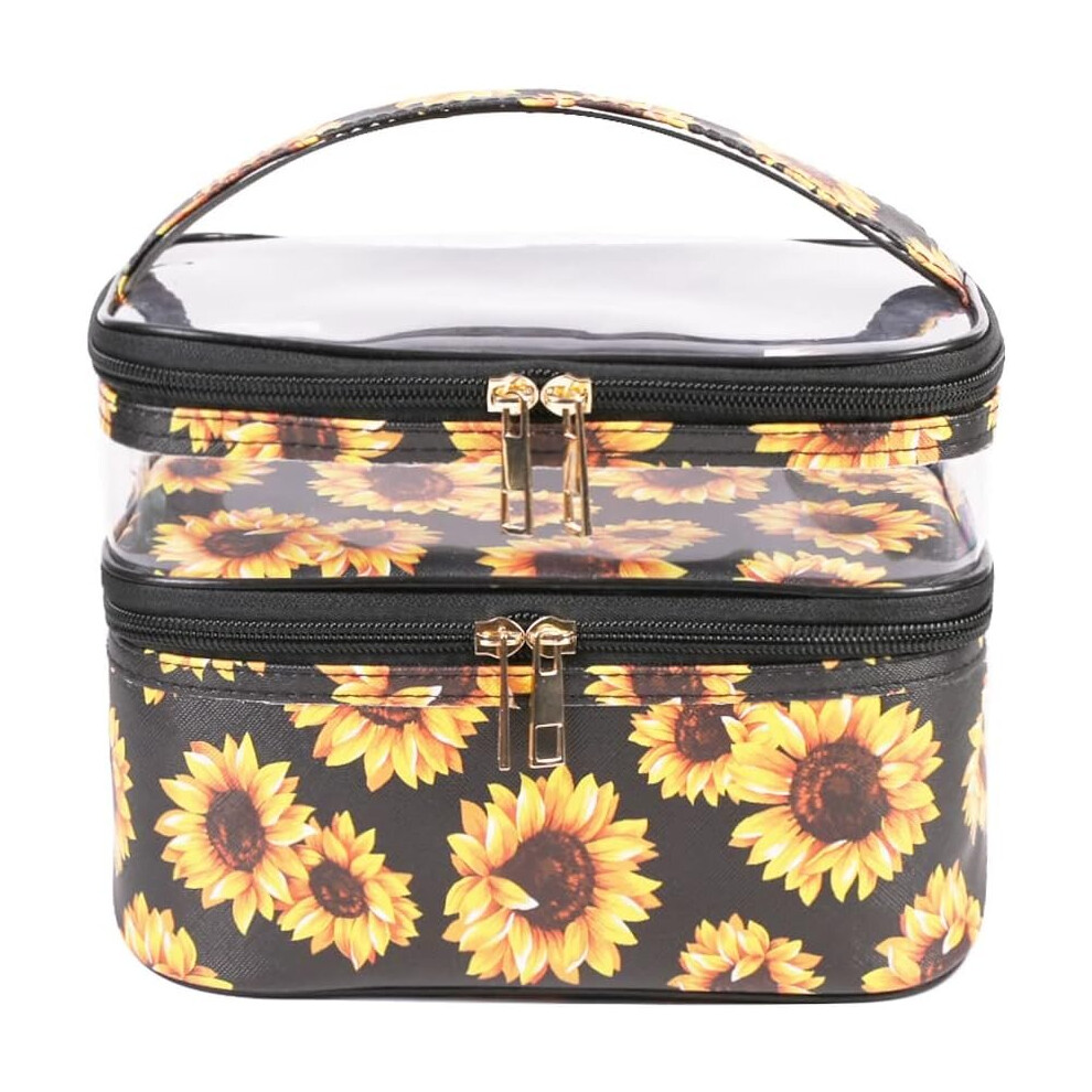 Gopatriot Memory Cosmetic Bag Sunflower Double Layer Travel Storage Large Waterproof