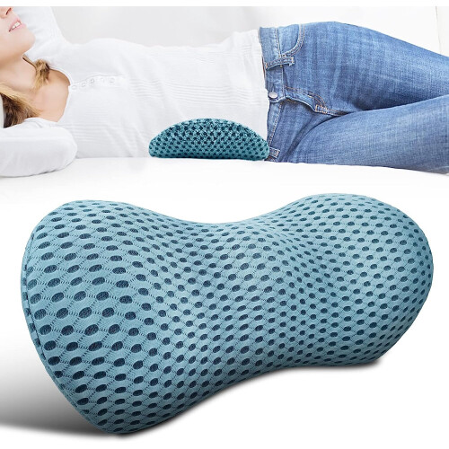 Blue Memory Foam Lumbar Pillow for Lower Back Pain Relief - Ergonomic Support, Breathable 4D Mesh Cover, Car/Office/Bed, Machine Washable Cover