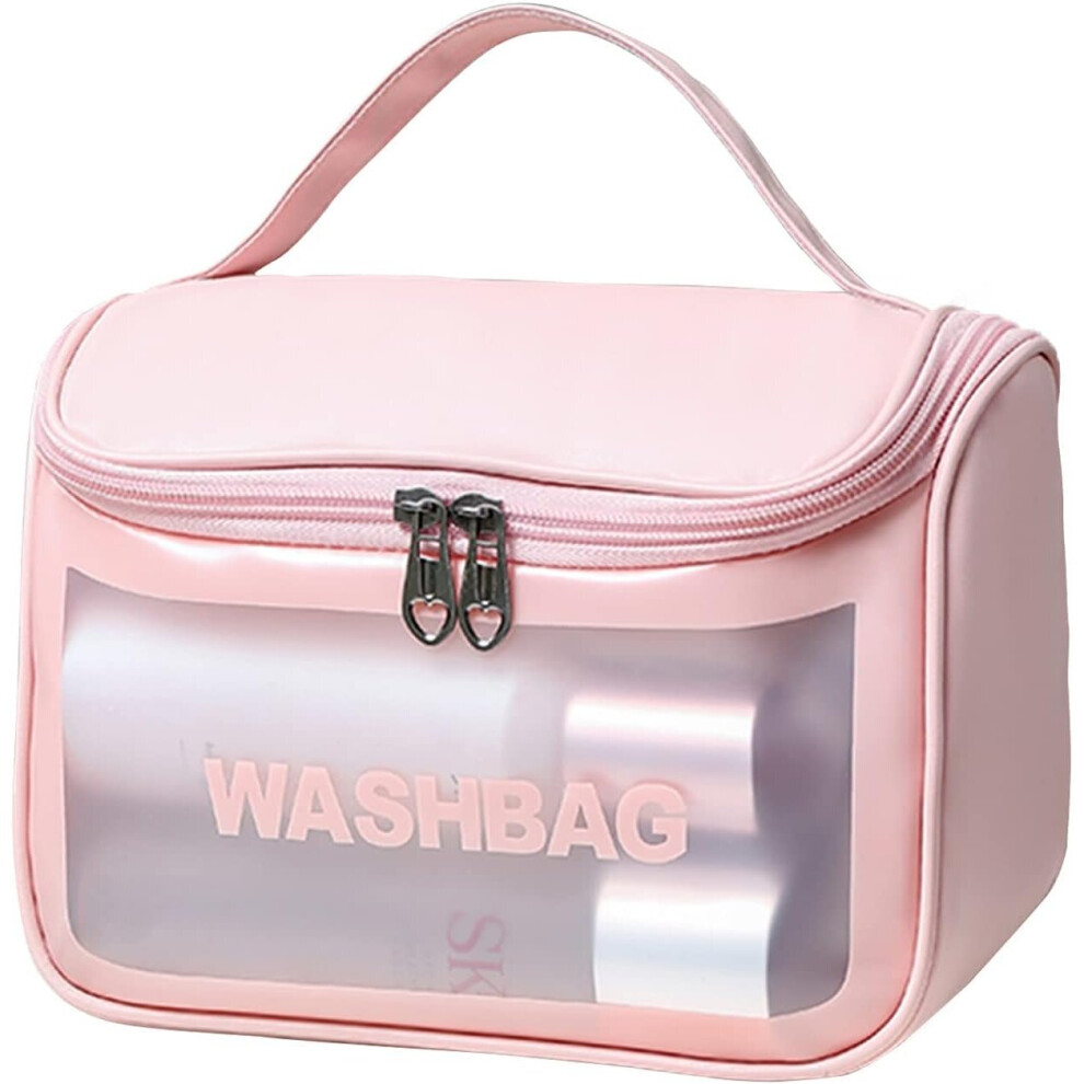 Gopatriot Memory Pink Large Cosmetic Bag, Makeup Bag, Translucent Clamshell Makeup Travel Bag For Women, Girls, Men