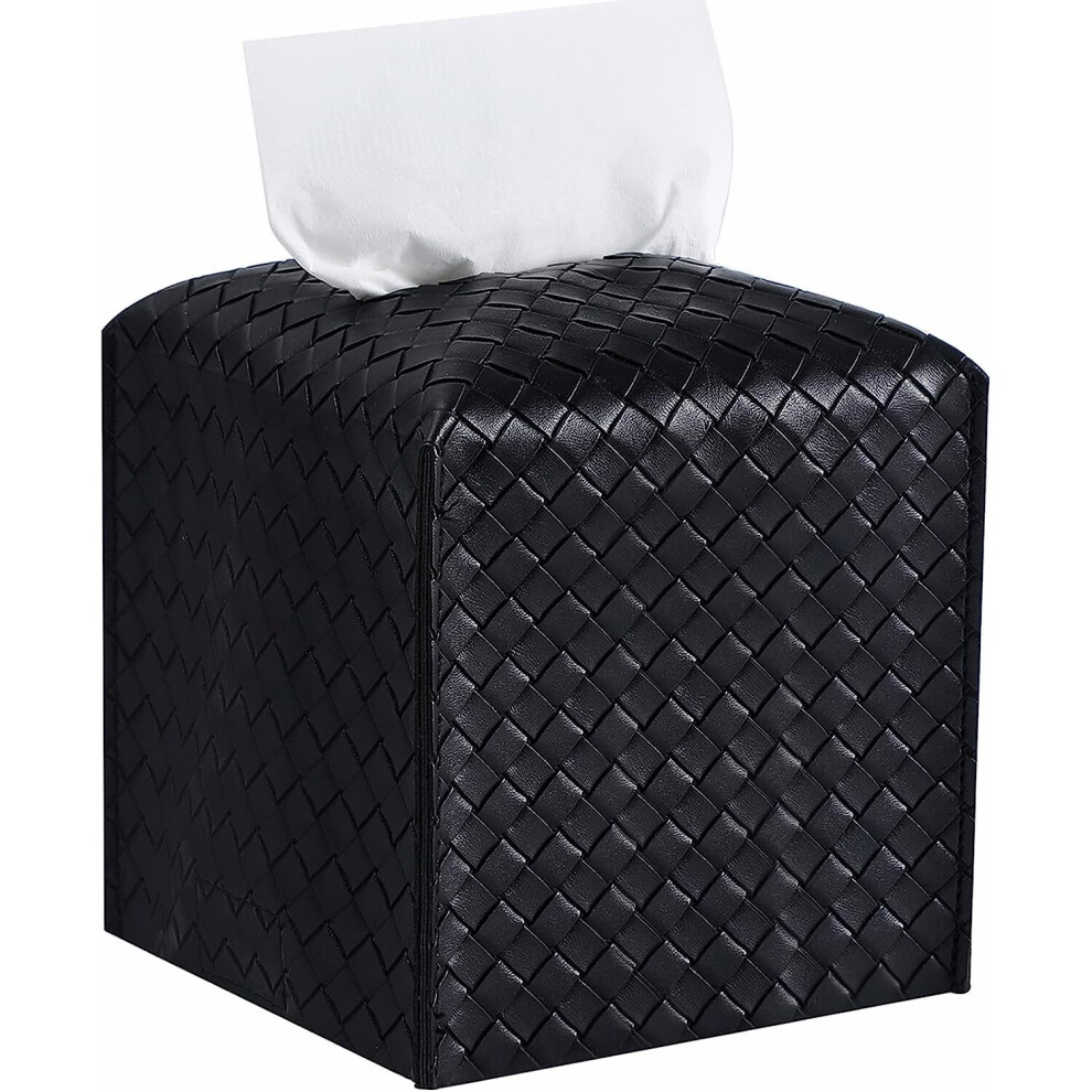 Square Tissue Box Holder PU Leather Trim Accessory, Black