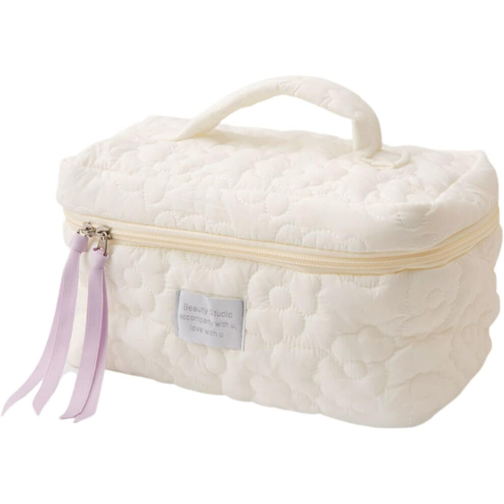 Gopatriot Memory White Travel Large Cosmetic Bag Quilted Organizer For Easy Packing (White)