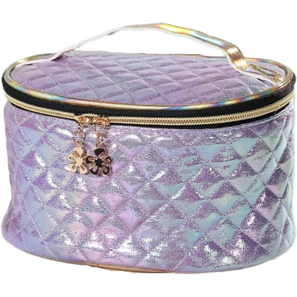 Gopatriot Memory Cosmetic Bag Pu Leather Cosmetic Zipper Bag With Handle Check Pattern (Purple)