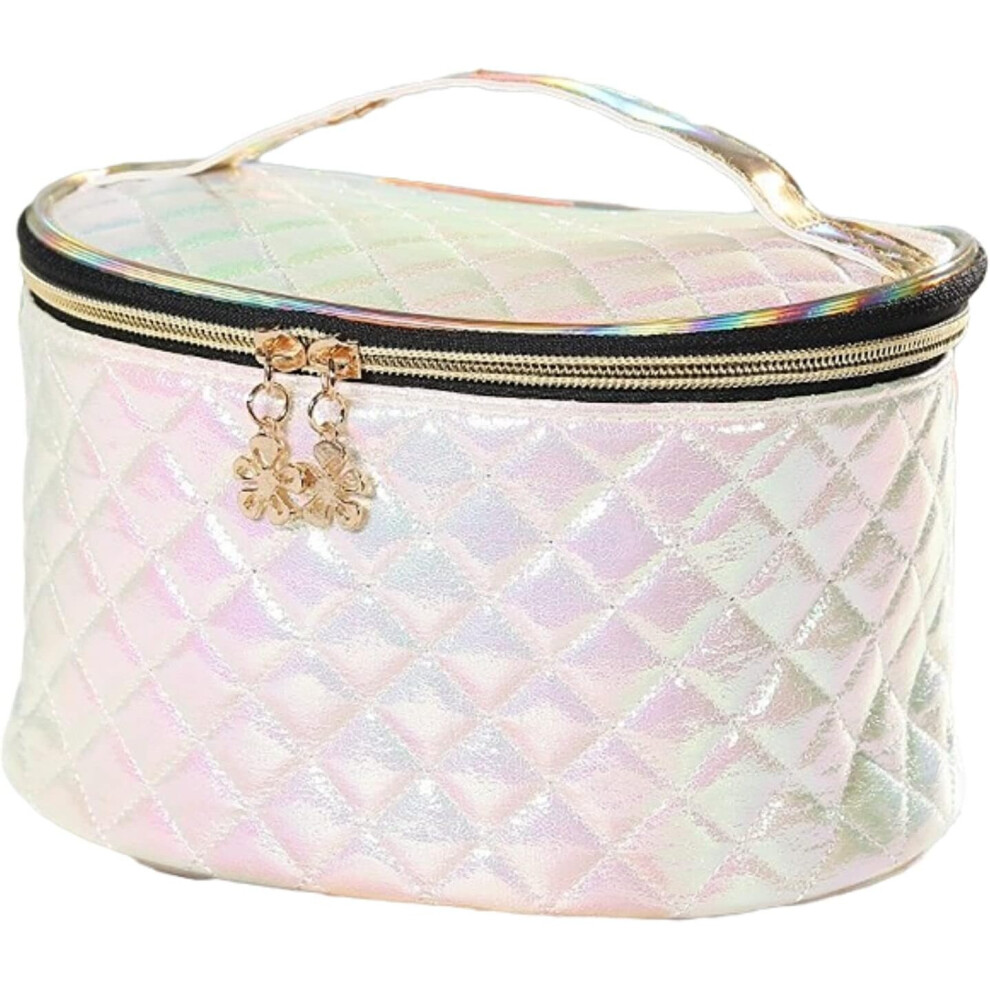 Gopatriot Memory Cosmetic Bag With Handle Check Pattern Pu Leather Makeup Zipper Bag (White)