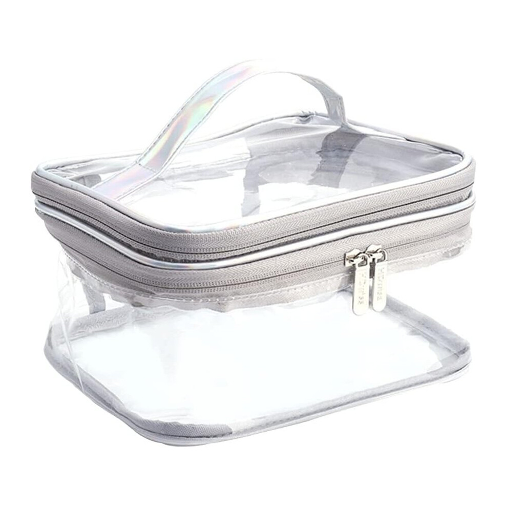 Gopatriot Memory Grey Transparent Cosmetic Bag Waterproof Large Toiletry Bag Double Layers Separated (Grey)