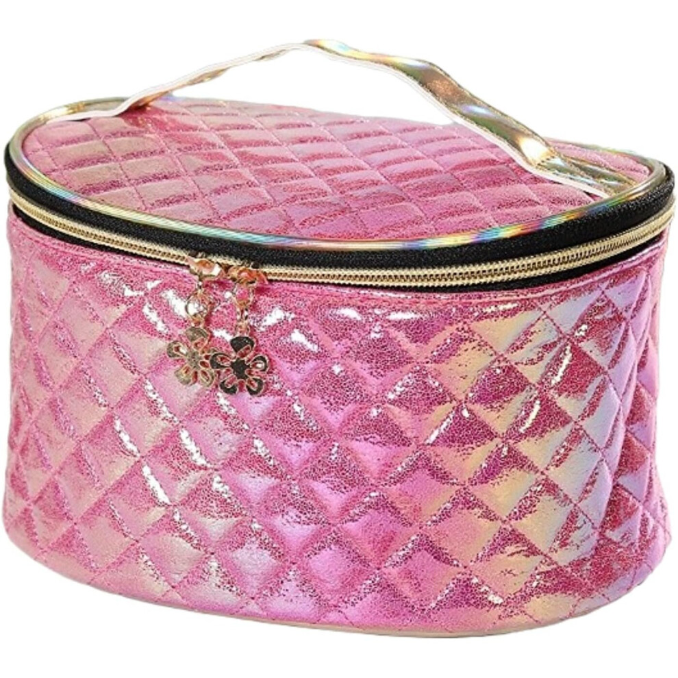 Gopatriot Memory Cosmetic Bag With Handle Check Pattern Pu Leather Makeup Zipper Bag (Dark Pink)