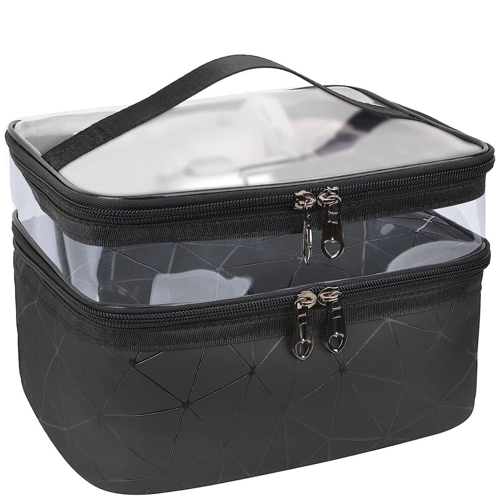 Gopatriot Memory Black Cosmetic Bag Double Layer Travel Cosmetic Bag Makeup Storage (Black)