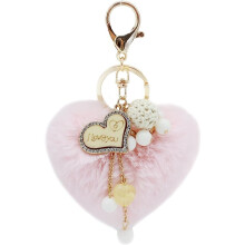 Pom Pom Key Chain Girls Heart Shaped Fluffy Pom Pom Backpack Charm (Pink)