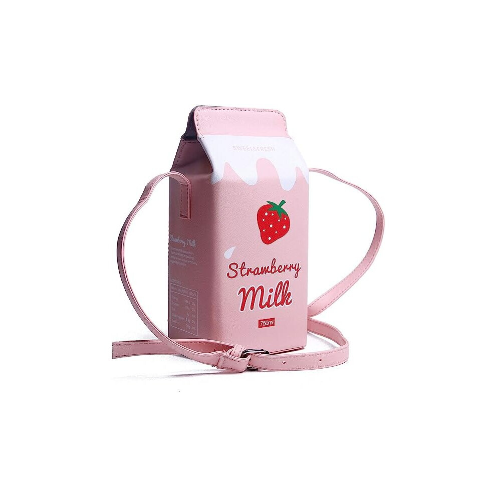 Women's Unique Purse Girls Fruit Strawberry Milk Box Messenger Bag (Pink)