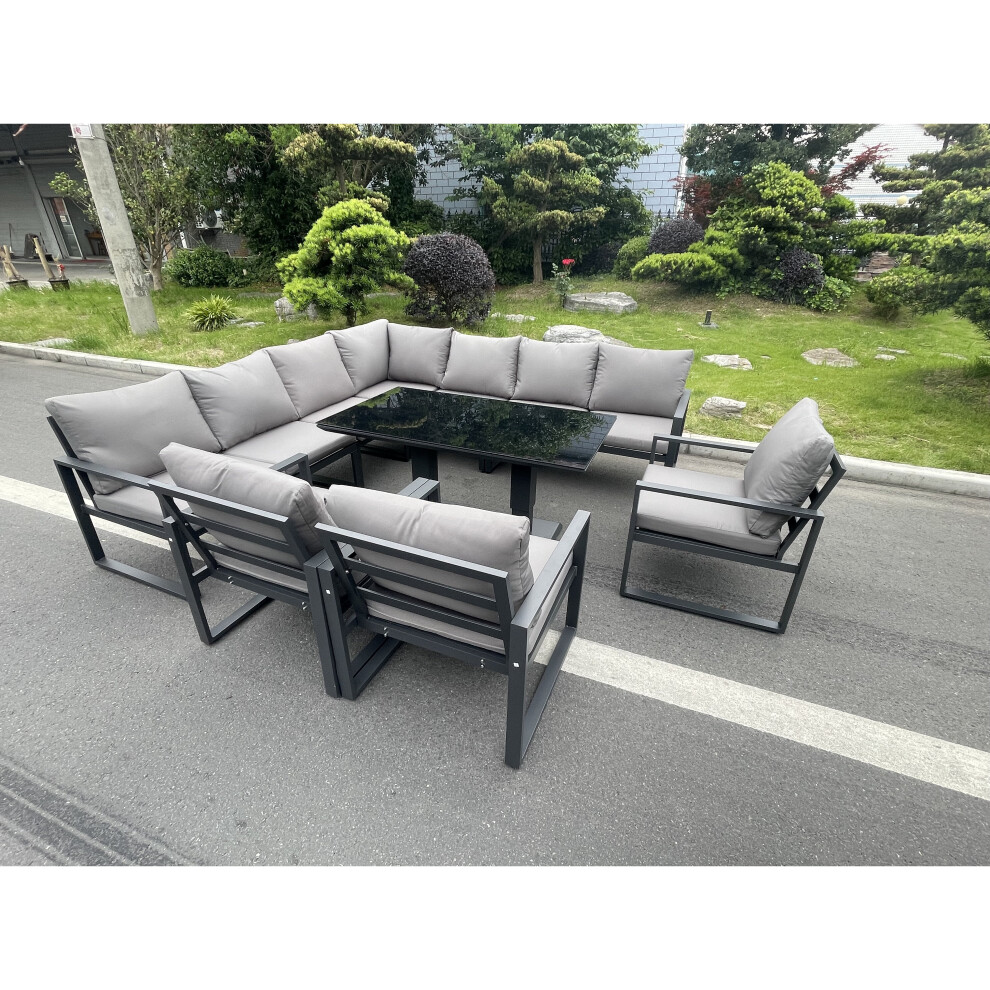 Fimous Aluminum Outdoor Garden Furniture Corner Sofa 3 Arm Chair Adjustable Rising Lifting Dining Table Set 10 Seater