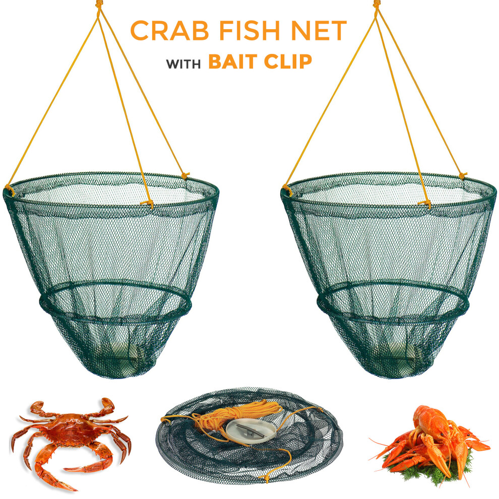 2 x CRAB FISH CRAYFISH LOBSTER DROP NET w BAIT CLIP & ROPE SAFE CRABBING BASKET