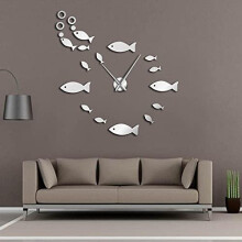 Diy Wall Clock Silver Fish Large Wall Clock Shoal Of Fish Frameless Giant Wall Watch 3D Big Mirror Wall Modern Design Clock Kitchen Bedroom Home