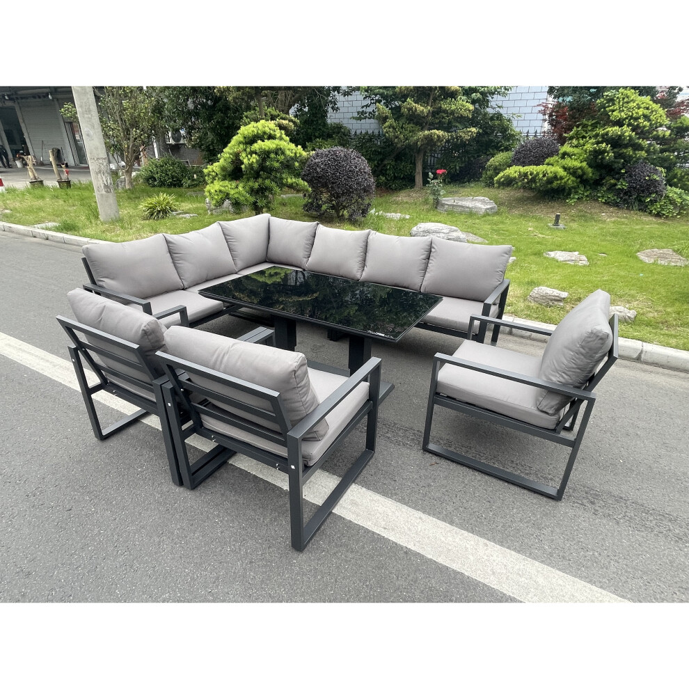 Fimous Aluminum Garden Furniture Corner Sofa Chair Adjustable Rising Dining Table Sets Black Tempered Glass 9 Seater