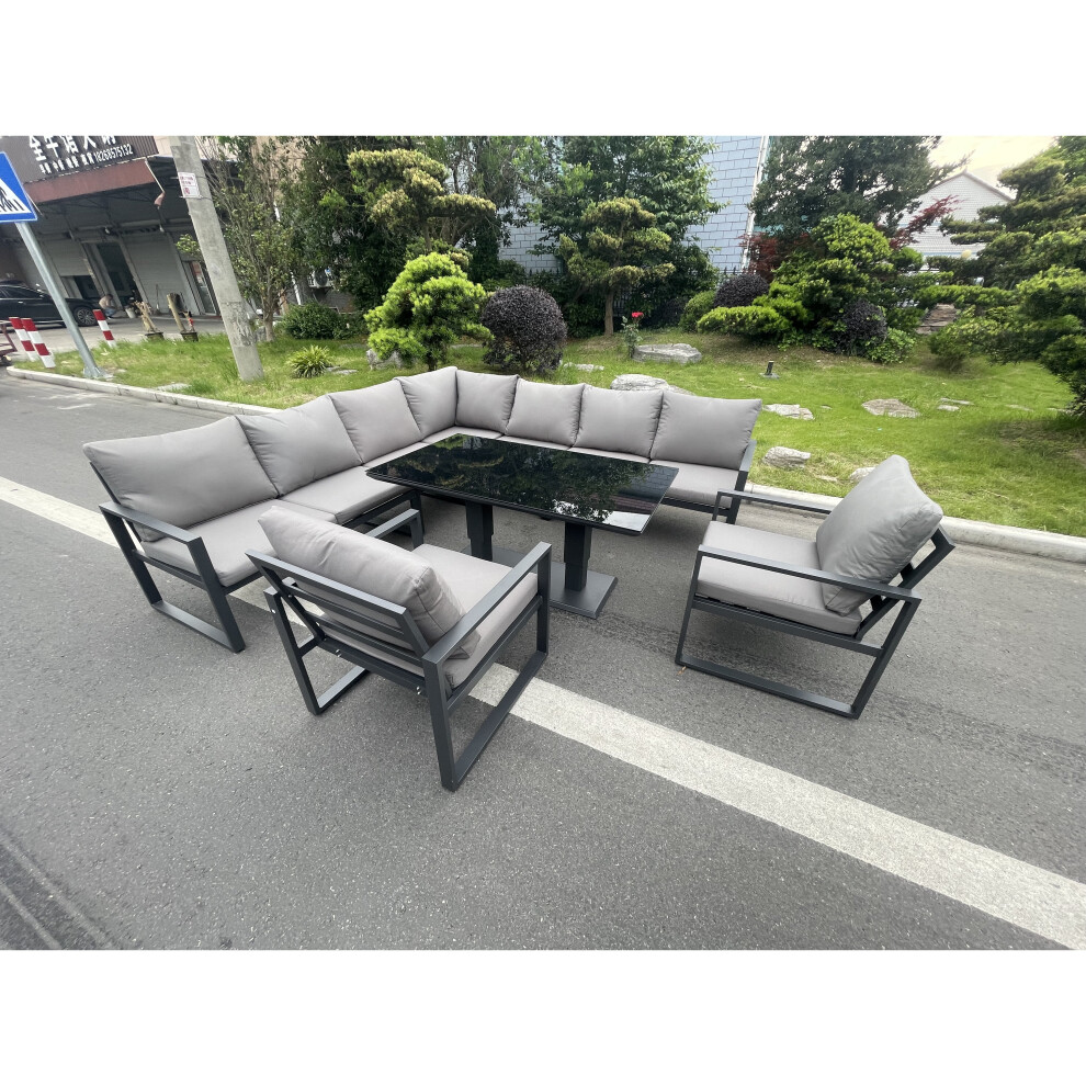 Fimous Dark/Grey 9 Seater Aluminum Outdoor Garden Furniture Set With Corner Sofa, 2 Arm Chairs, Adjustable Rising Dining Table - Image 3