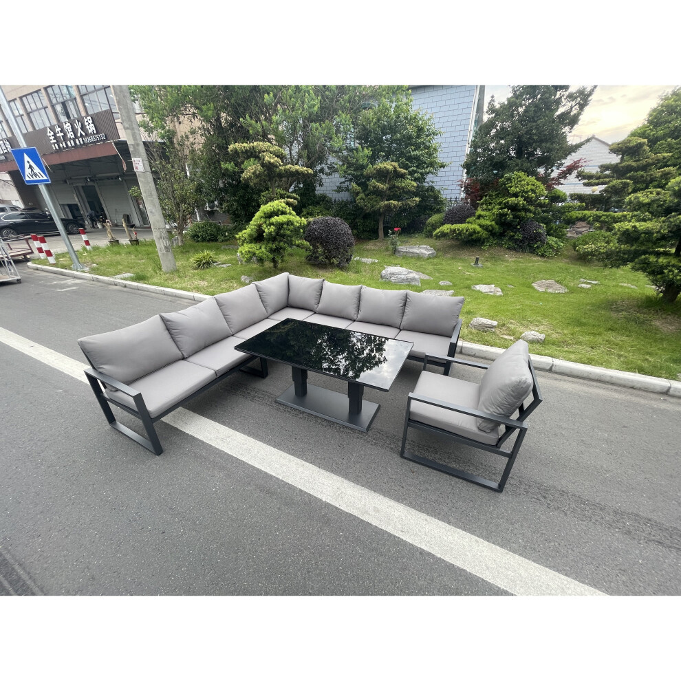 Fimous Aluminum Outdoor Garden Furniture Corner Sofa Chair Adjustable Rising Lifting Table Sets Dark Grey 8 Seater