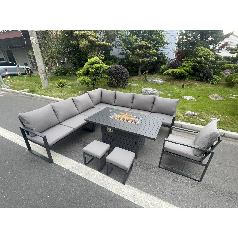 Fimous Aluminum Outdoor Garden Furniture Corner Sofa Chair Gas Fire Pit Dining Table Sets 2 Stools
